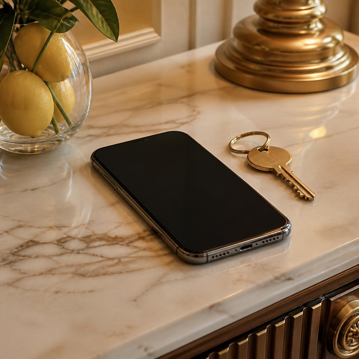 A phone resting on a marble hotel console beside a brass key